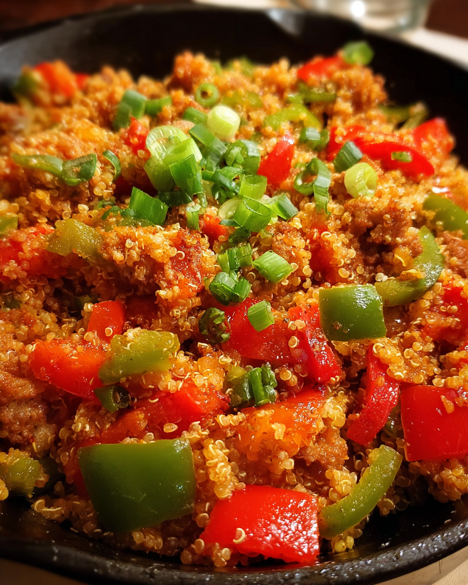 Quinoa unstuffed peppers skillet with turkey sausage and bell peppers