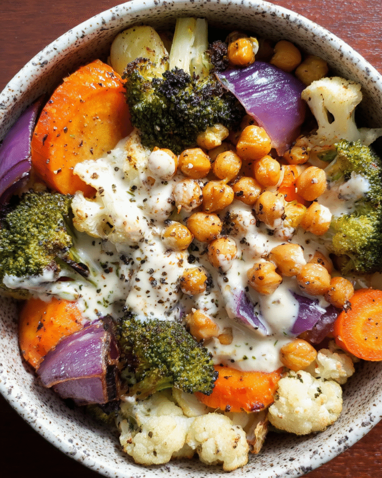 Roasted veggie bowl with chickpeas and lemon tahini sauce