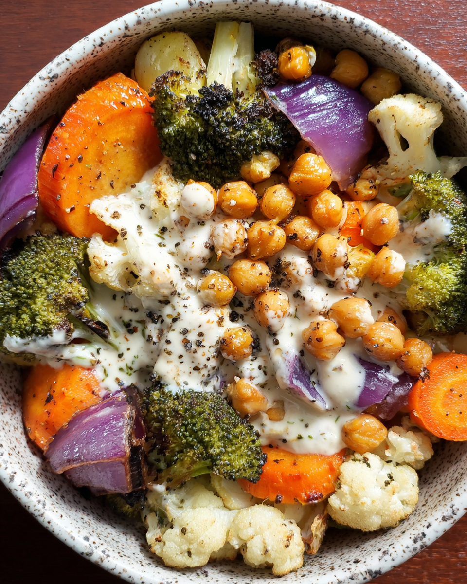 Roasted veggie bowl with chickpeas and lemon tahini sauce
