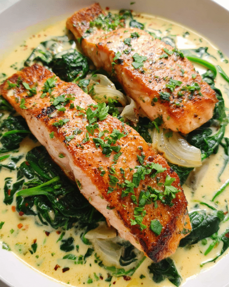 Salmon with spinach cream sauce in a skillet with garlic and fresh spinach