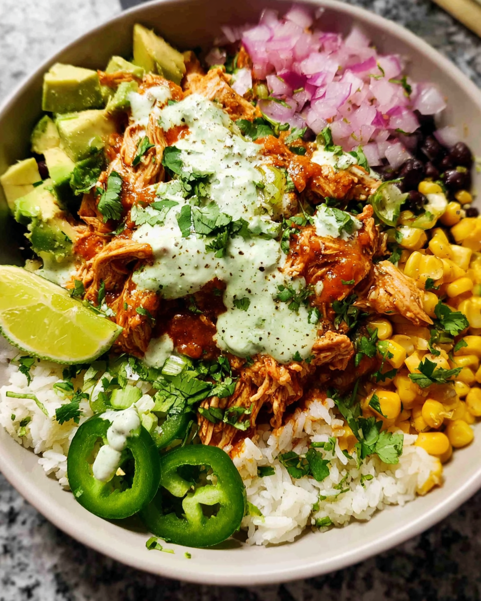 Salsa chicken bowl with rice avocado and cilantro lime crema