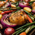 Sheet pan chicken with roasted vegetables served with potatoes and herbs