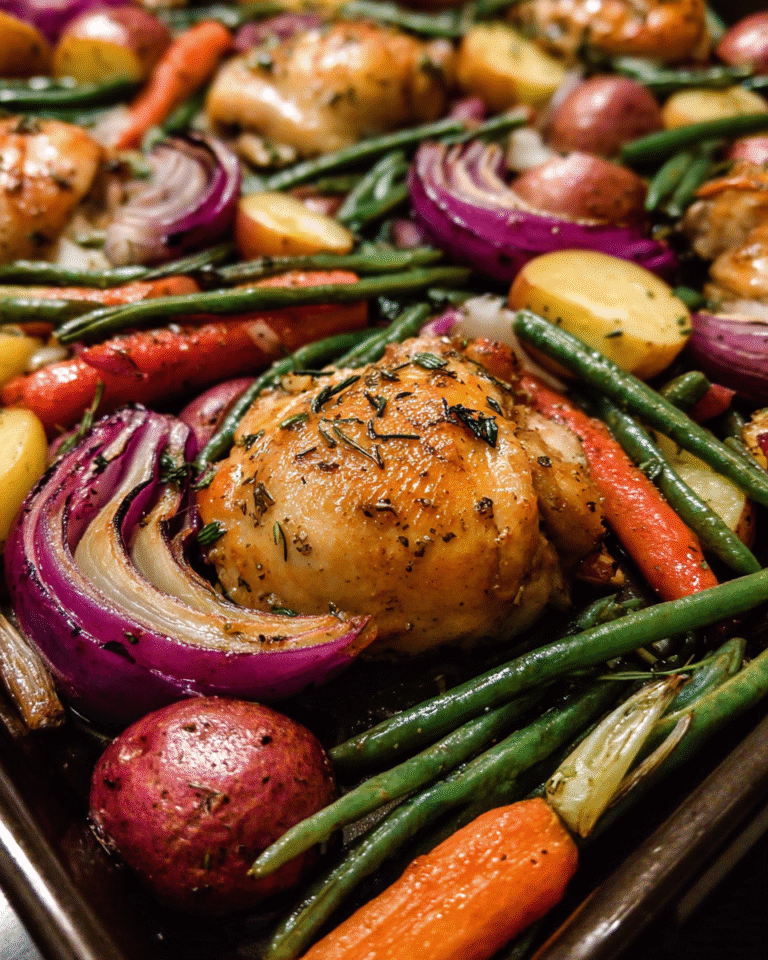 Sheet pan chicken with roasted vegetables served with potatoes and herbs