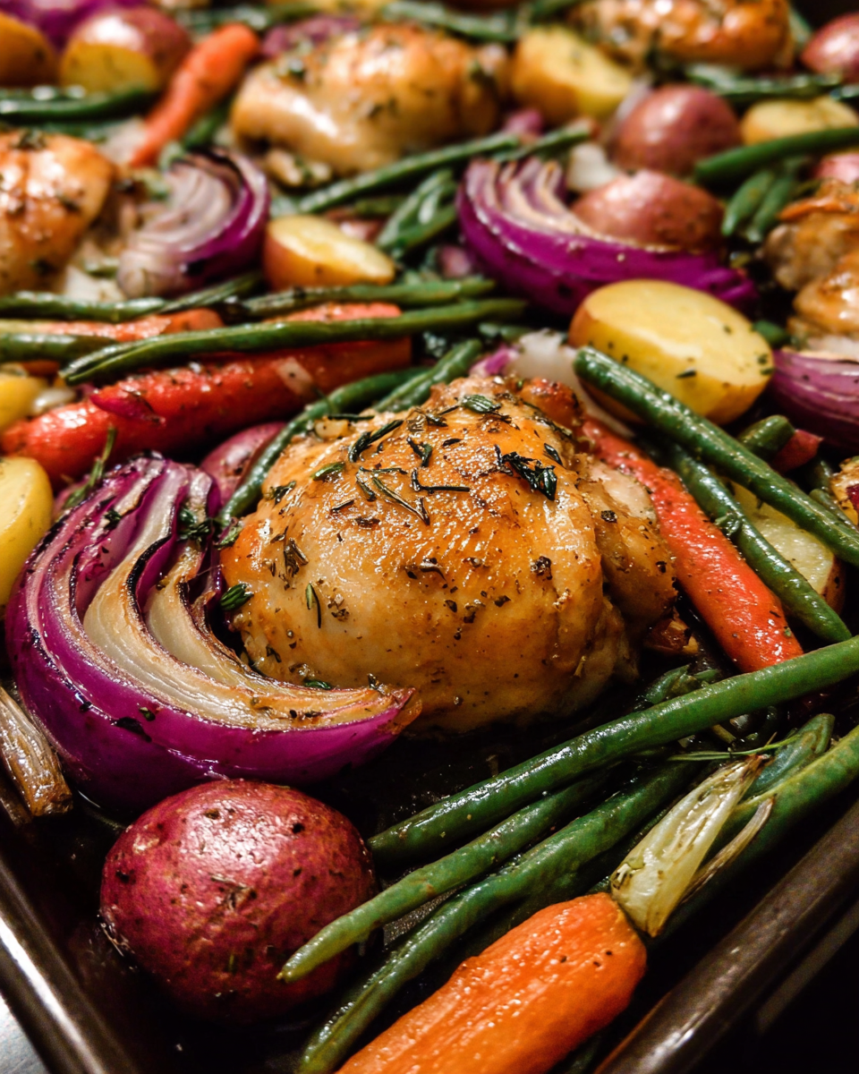 Sheet pan chicken with roasted vegetables served with potatoes and herbs