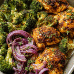 Sheet pan chipotle chicken thighs with roasted broccoli and honey mustard sauce