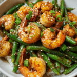 Sheet pan honey garlic shrimp with roasted green beans and rice