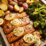 Sheet pan honey mustard salmon with roasted broccoli and potatoes