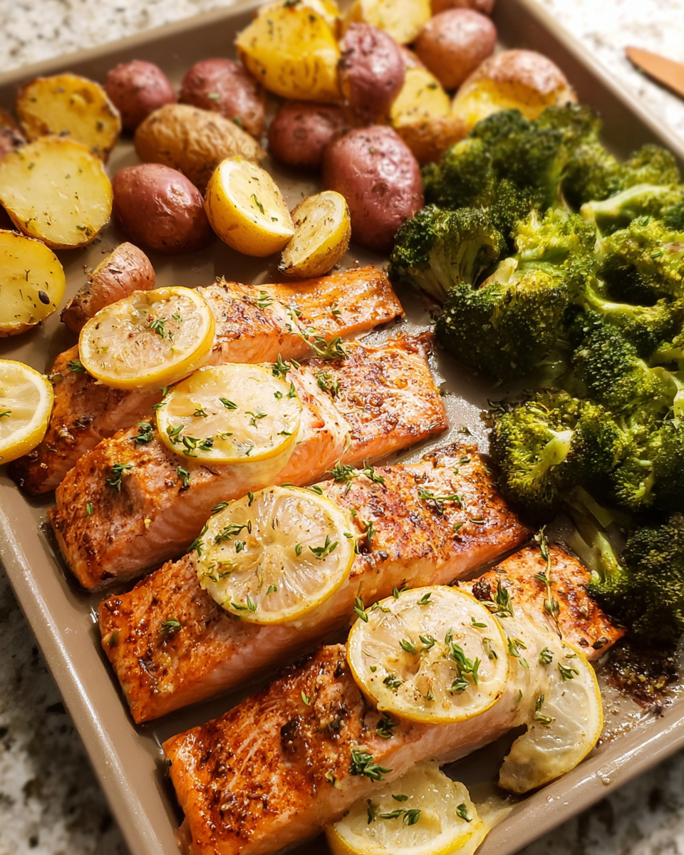 Sheet pan honey mustard salmon with roasted broccoli and potatoes