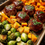 Sheet pan mini meatloaf with roasted Brussels sprouts and sweet potatoes