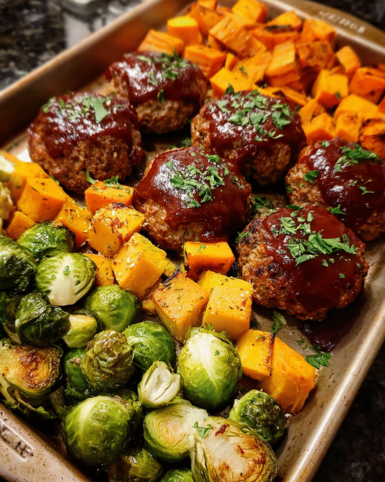 Sheet pan mini meatloaf with roasted Brussels sprouts and sweet potatoes