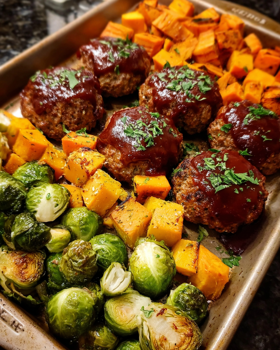 Sheet pan mini meatloaf with roasted Brussels sprouts and sweet potatoes