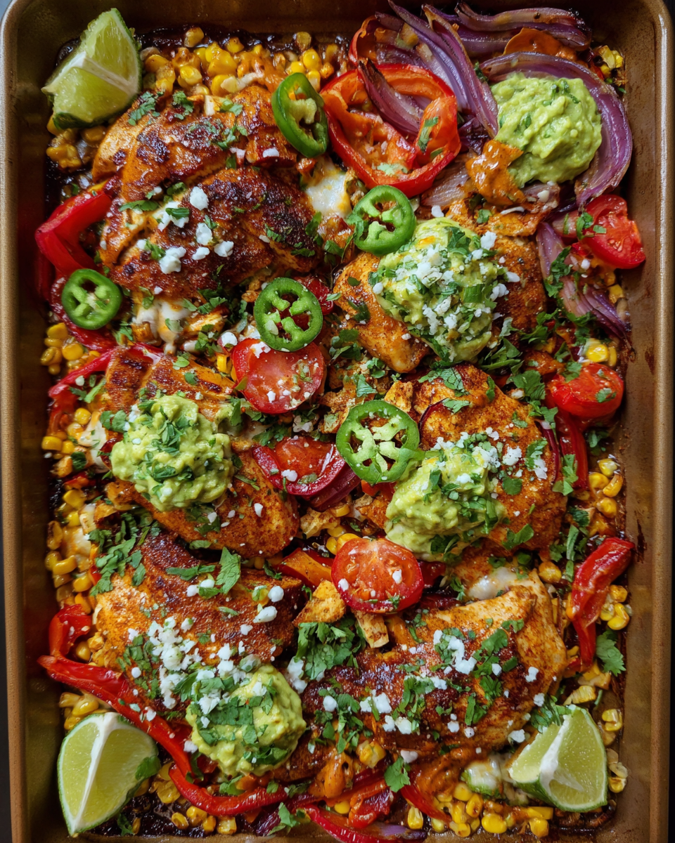 Sheet pan nacho chicken with roasted peppers corn and cotija cheese
