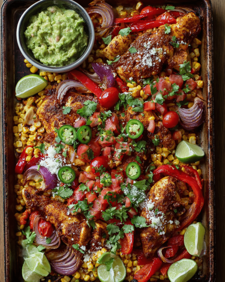 Sheet pan nacho chicken with roasted peppers, corn, and fresh pico