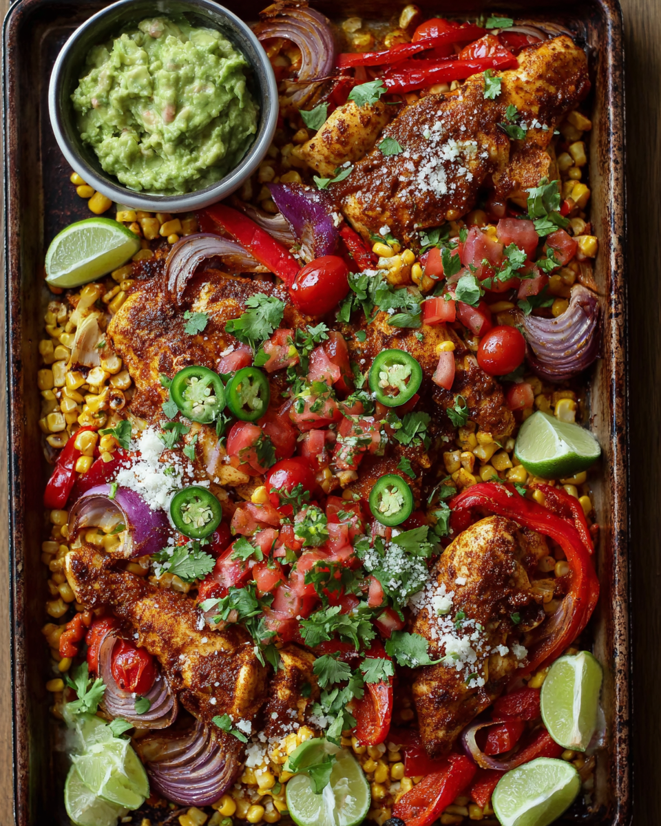 Sheet pan nacho chicken with roasted peppers, corn, and fresh pico