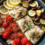 Simple Mediterranean Fish Tray Bake with Vegetables served on a sheet pan with white fish, zucchini, tomatoes, and olives