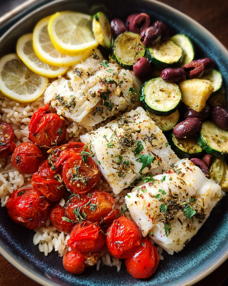 Simple Mediterranean Fish Tray Bake with Vegetables served on a sheet pan with white fish, zucchini, tomatoes, and olives