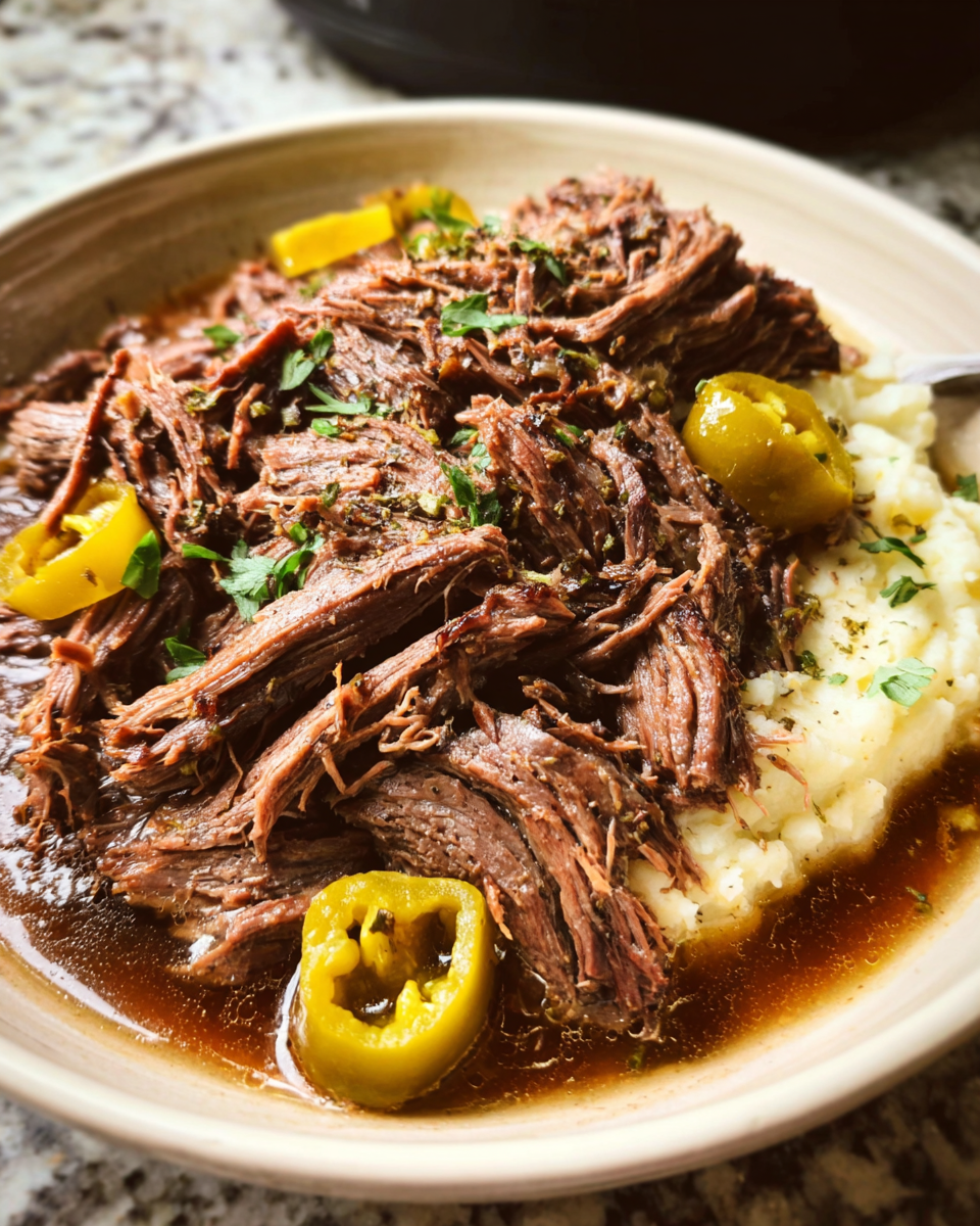 Slow cooker Mississippi pot roast with shredded beef and peperoncini peppers
