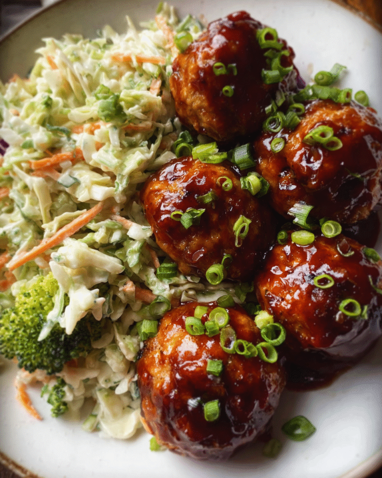 Sticky BBQ chicken meatballs served with broccoli slaw and rice
