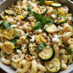 Creamy summer squash pasta with goat cheese, basil, and pine nuts
