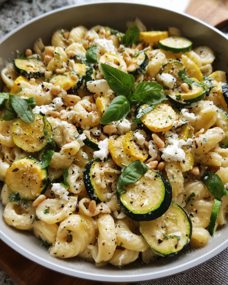 Creamy summer squash pasta with goat cheese, basil, and pine nuts