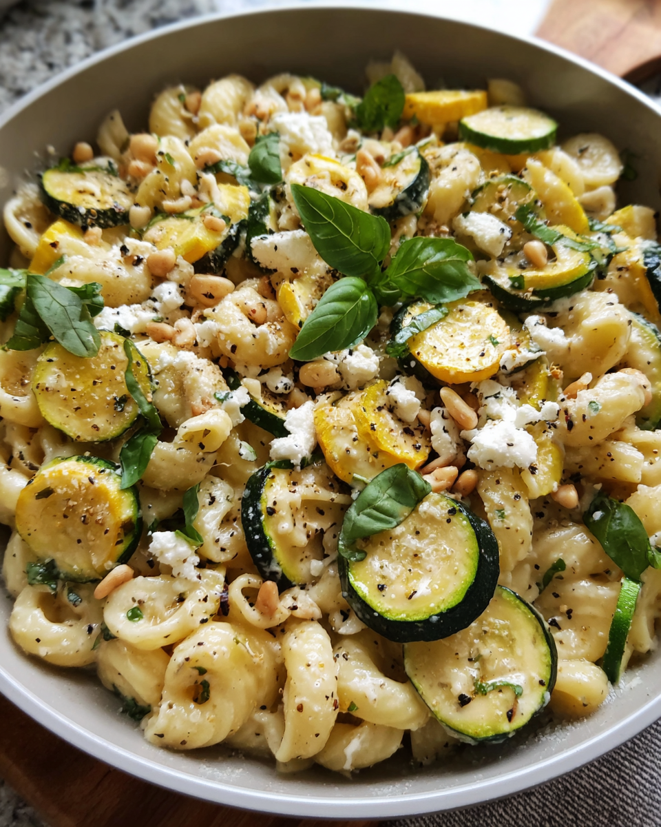 Creamy summer squash pasta with goat cheese, basil, and pine nuts