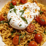 Creamy burrata pasta with burst cherry tomatoes and fresh basil