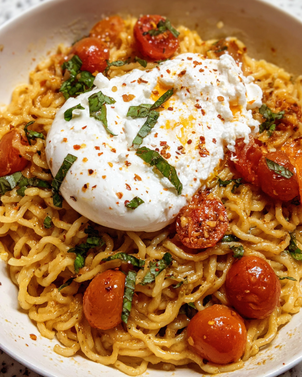 Creamy burrata pasta with burst cherry tomatoes and fresh basil