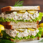 Creamy homemade tuna sandwich with lettuce on soft bread
