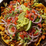 Turkey taco nacho skillet with melted cheese, pico, and guacamole