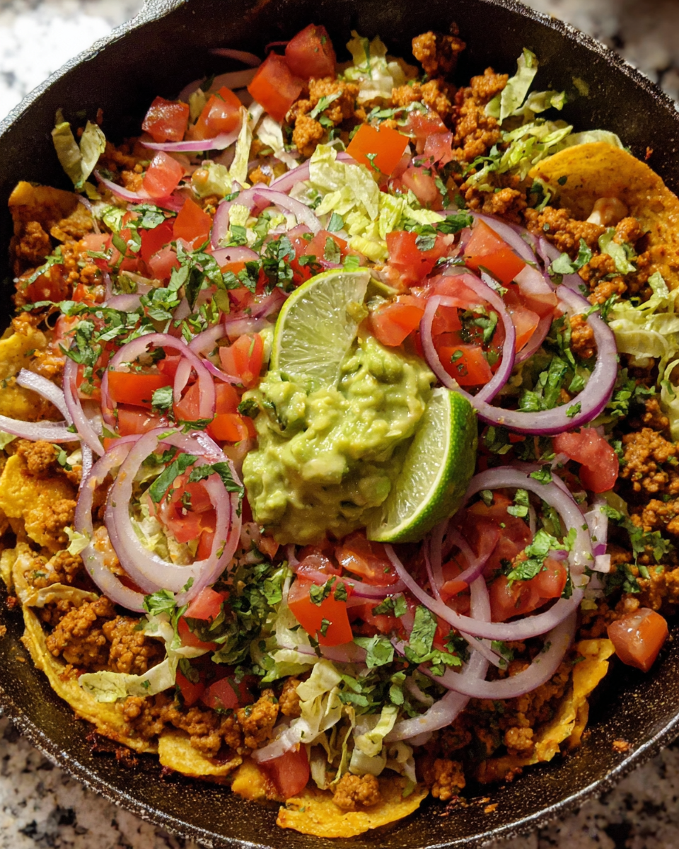 Turkey taco nacho skillet with melted cheese, pico, and guacamole