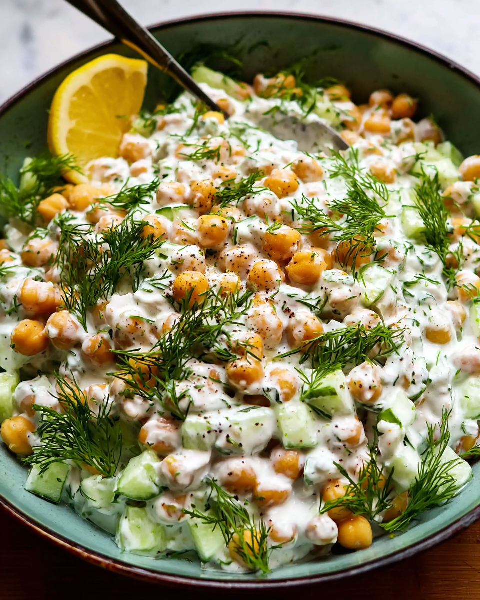 Creamy Mediterranean tzatziki chickpea salad with cucumber and dill