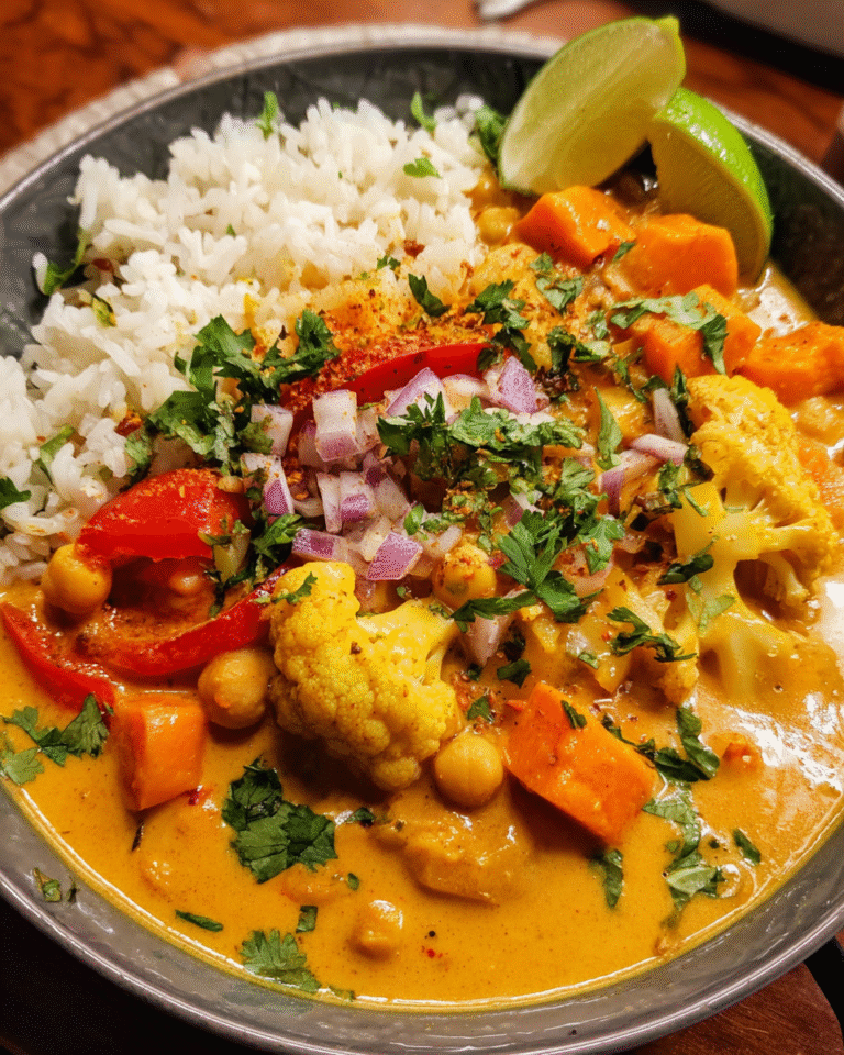 Vegetable and chickpea coconut curry served with rice