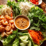 Vietnamese lettuce wraps filled with shrimp, herbs, noodles and peanut sauce