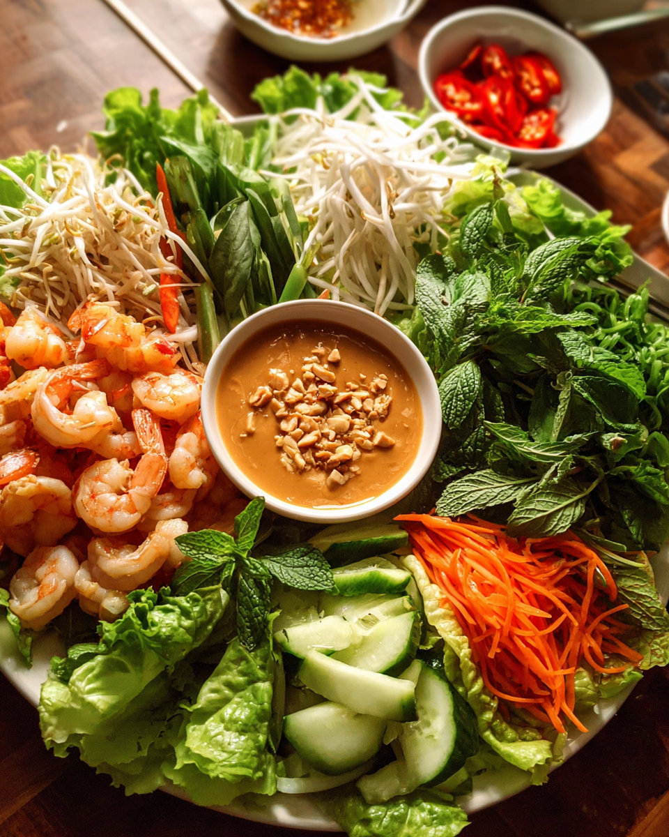Vietnamese lettuce wraps filled with shrimp, herbs, noodles and peanut sauce